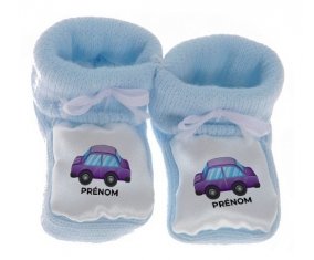 Chausson bébé Jouet toys voiture violet design-2 avec prénom de couleur Bleu