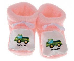 Chausson bébé Jouet toys camionette verte avec prénom de couleur Rose