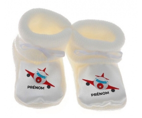 Chausson bébé Jouet toys avion avec prénom de couleur Blanc
