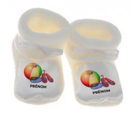 Chausson bébé Jouet toys ballon masque et tong de plage avec prénom de couleur Blanc