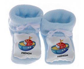 Chausson bébé Jouet toys bateau design-4 avec prénom de couleur Bleu