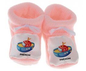 Chausson bébé Jouet toys bateau design-4 avec prénom de couleur Rose