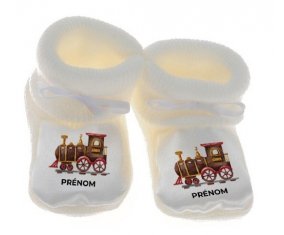 Chausson bébé Peinture train avec prénom de couleur Blanc