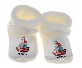 Chausson bébé Peinture bateau avec prénom de couleur Blanc