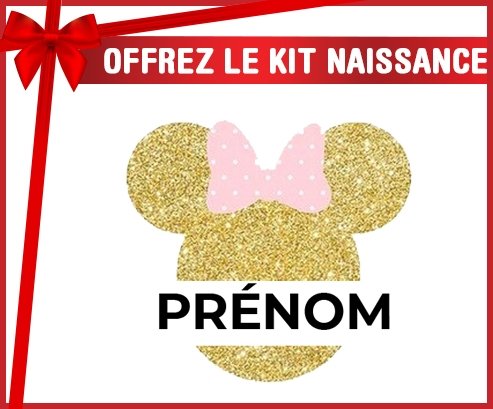 kit naissance bébé personnalisé Disney Minnie Oreilles dorées Nœud rose avec prénom