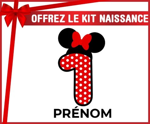kit naissance bébé personnalisé Disney Minnie Numéro 1 rouge pois blancs papillon rouge avec prénom