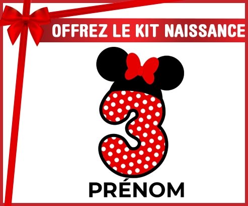 kit naissance bébé personnalisé Disney Minnie Numéro 3 rouge pois blancs papillon rouge avec prénom