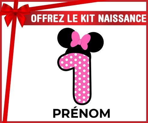 kit naissance bébé personnalisé Disney Minnie Numéro 1 rose pois blancs papillon rose avec prénom
