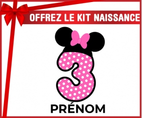 kit naissance bébé personnalisé Disney Minnie Numéro 3 rose pois blancs papillon rose avec prénom