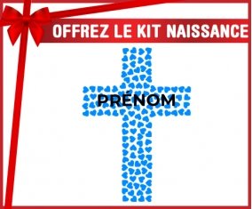 kit naissance bébé personnalisé Croix christ bleue avec prénom