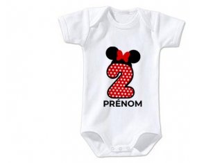 Body bébé Disney Minnie Numéro 2 rouge pois blancs papillon rouge avec prénom taille 3/6 mois manches Courtes