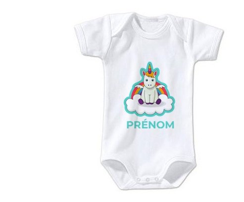 Body bébé Licorne avec ailes sur nuage avec prénom taille 3/6 mois manches Courtes