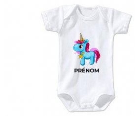 Body bébé Licorne bleue rose avec prénom taille 3/6 mois manches Courtes