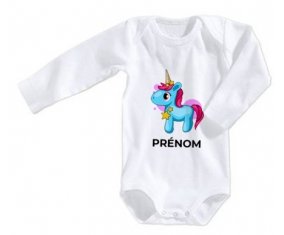 Body bébé Licorne bleue rose avec prénom taille 3/6 mois manches Longues