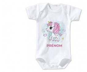 Body bébé Poney rose cœur avec prénom taille 3/6 mois manches Courtes