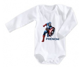 Body bébé Captain America design-1 avec prénom taille 3/6 mois manches Longues