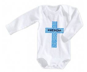 Body bébé Croix christ bleue avec prénom taille 3/6 mois manches Longues