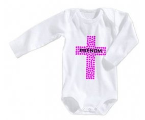 Body bébé Croix christ rose avec prénom taille 3/6 mois manches Longues