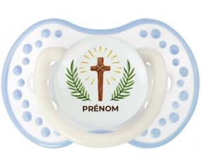 Croix christ avec prénom : Blanc-cyan classique Tétine embout Lovi Dynamic