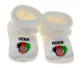 Chausson bébé Drapeau effet pinceau Afghanistan avec prénom de couleur Blanc