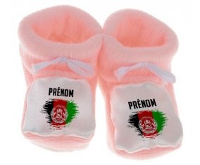 Chausson bébé Drapeau effet pinceau Afghanistan avec prénom de couleur Rose