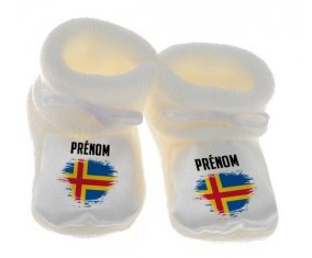Chausson bébé Drapeau effet pinceau Iles Aland avec prénom de couleur Blanc