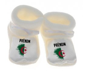 Chausson bébé Drapeau effet pinceau Algérie avec prénom de couleur Blanc