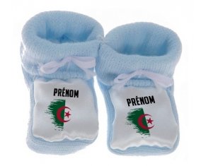 Chausson bébé Drapeau effet pinceau Algérie avec prénom de couleur Bleu