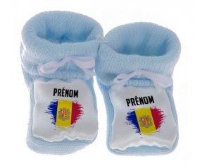 Chausson bébé Drapeau effet pinceau Andorre avec prénom de couleur Bleu