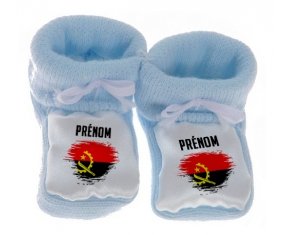 Chausson bébé Drapeau effet pinceau Angola avec prénom de couleur Bleu