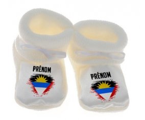 Chausson bébé Drapeau effet pinceau Antigua-et-Barbuda avec prénom de couleur Blanc