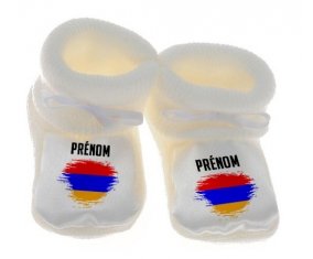 Chausson bébé Drapeau effet pinceau Arménie avec prénom de couleur Blanc