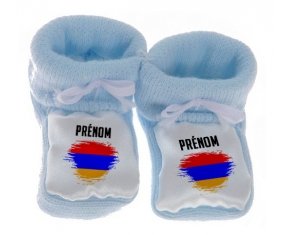 Chausson bébé Drapeau effet pinceau Arménie avec prénom de couleur Bleu