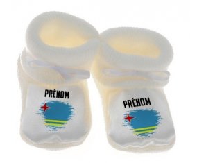 Chausson bébé Drapeau effet pinceau Aruba avec prénom de couleur Blanc