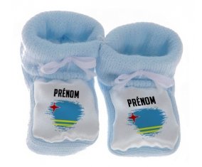 Chausson bébé Drapeau effet pinceau Aruba avec prénom de couleur Bleu