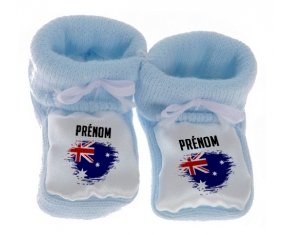 Chausson bébé Drapeau effet pinceau Australie avec prénom de couleur Bleu