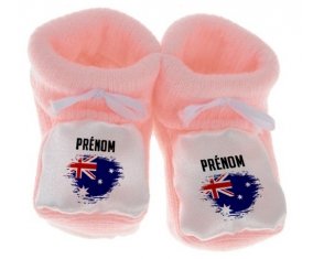 Chausson bébé Drapeau effet pinceau Australie avec prénom de couleur Rose