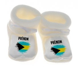 Chausson bébé Drapeau effet pinceau Bahamas avec prénom de couleur Blanc