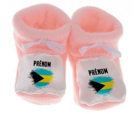 Chausson bébé Drapeau effet pinceau Bahamas avec prénom de couleur Rose