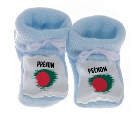 Chausson bébé Drapeau effet pinceau Bangladesh avec prénom de couleur Bleu