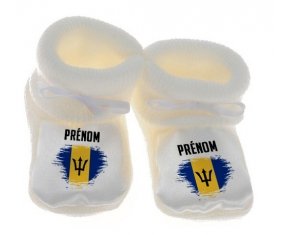 Chausson bébé Drapeau effet pinceau Barbade avec prénom de couleur Blanc