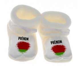 Chausson bébé Drapeau effet pinceau Biélorussie avec prénom de couleur Blanc