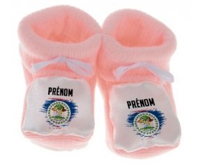 Chausson bébé Drapeau effet pinceau Belize avec prénom de couleur Rose