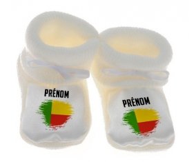 Chausson bébé Drapeau effet pinceau Bénin avec prénom de couleur Blanc