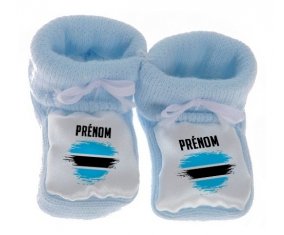 Chausson bébé Drapeau effet pinceau Bostwana avec prénom de couleur Bleu