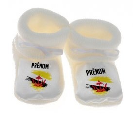 Chausson bébé Drapeau effet pinceau Brunei Darussalam avec prénom de couleur Blanc