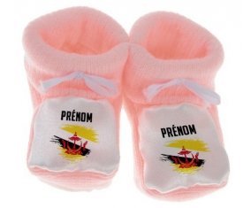 Chausson bébé Drapeau effet pinceau Brunei Darussalam avec prénom de couleur Rose