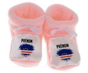 Chausson bébé Drapeau effet pinceau Cap-Vert avec prénom de couleur Rose
