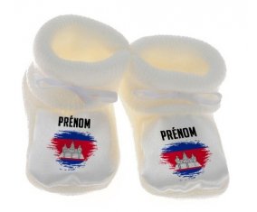 Chausson bébé Drapeau effet pinceau Cambodge avec prénom de couleur Blanc