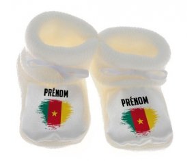 Chausson bébé Drapeau effet pinceau Cameroun avec prénom de couleur Blanc